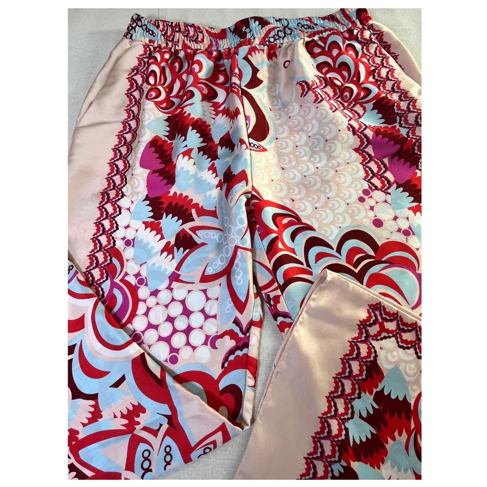 Zara Boho Wide Leg Scarf Print Pants Beige Pink Red Womens sz L Resortwear Flowy - Picture 5 of 8